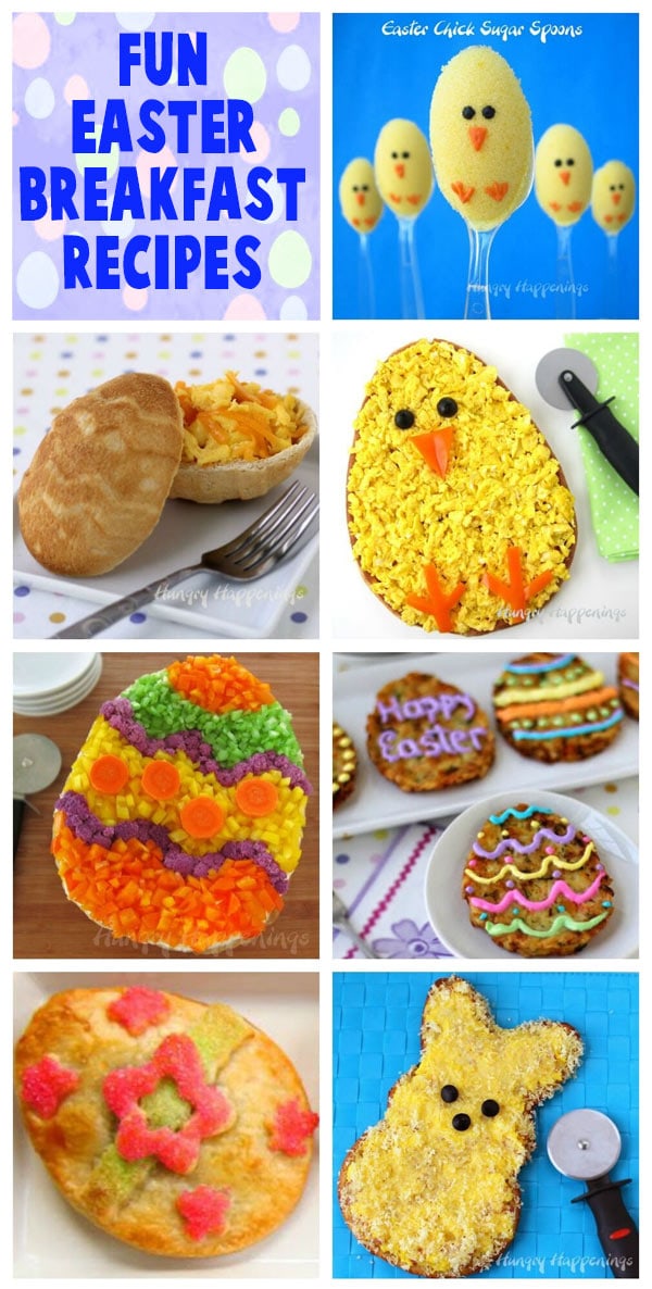 collage of images featuring Easter breakfast recipes including a Breakfast Pizza Chick, Hash Brown Easter Eggs, Baby Chick Sugar Spoons and more.