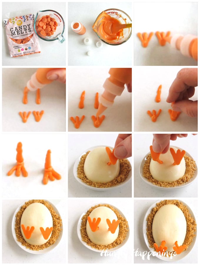 collage of images showing how to use orange candy melts to create baby chick feet which will be inserted into the egg shaped cheesecakes