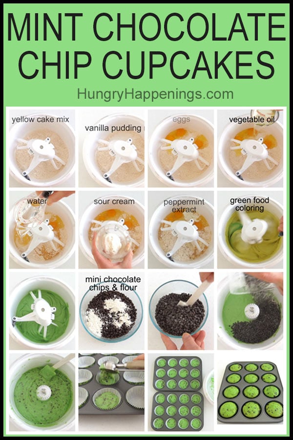 Collage of step-by-step images showing how to make mint chocolate chip cupcakes using a yellow cake mix, sour cream, vanilla pudding mix, eggs, oil, water, peppermint extract, green food coloring, and mini chocolate chips that have been tossed with a bit of flour. 