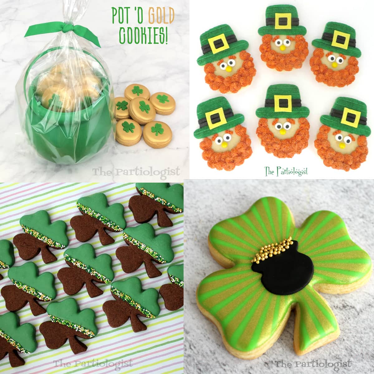 St. Patrick's Day cookies including gold coins, leprechauns, and shamrocks