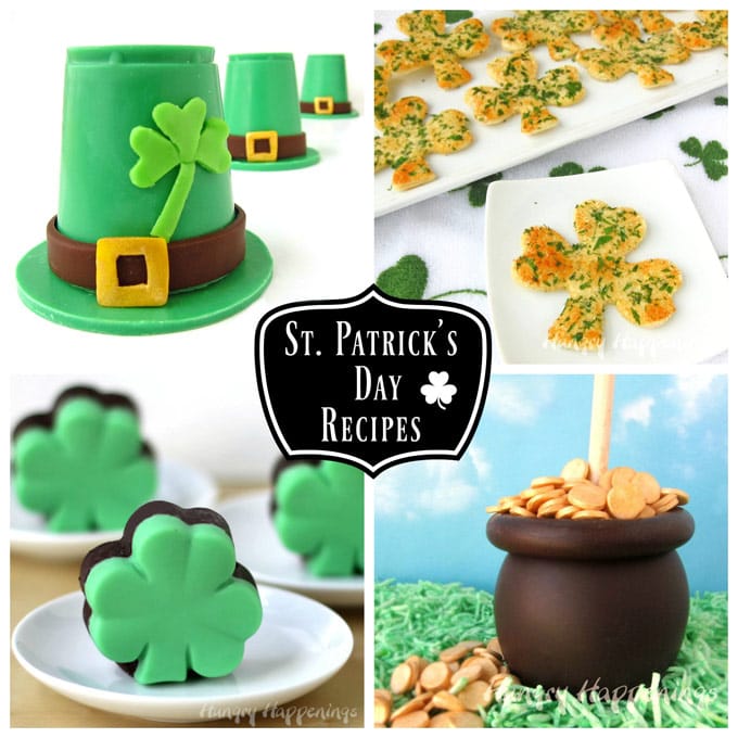 collage of images featuring St. Patrick's Day recipes including Candy Leprechaun Hats, Shamrock Snack Crisps, Creme de Menthe Fudge shamrocks, and Pot of Gold Caramel Apples