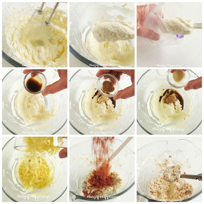collage of images showing how to blend cream cheese with Worcestershire Sauce, seasoned salt, garlic powder, white cheddar cheese, and bacon to make bacon cheddar cheese balls
