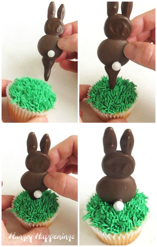 collage of images showing how to insert the chocolate pick on the bottom of the chocolate bunny into the green frosting grass and into the cupcake