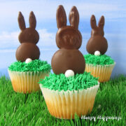 cute Easter bunny cupcakes topped with frosting grass and a chocolate Easter bunny