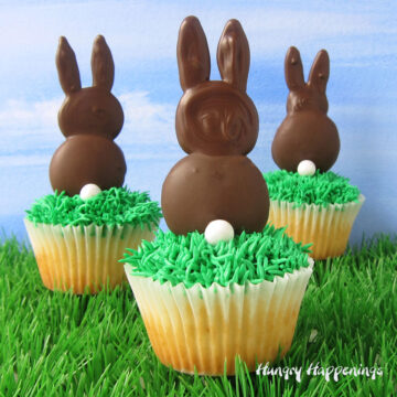 cute Easter bunny cupcakes topped with frosting grass and a chocolate Easter bunny