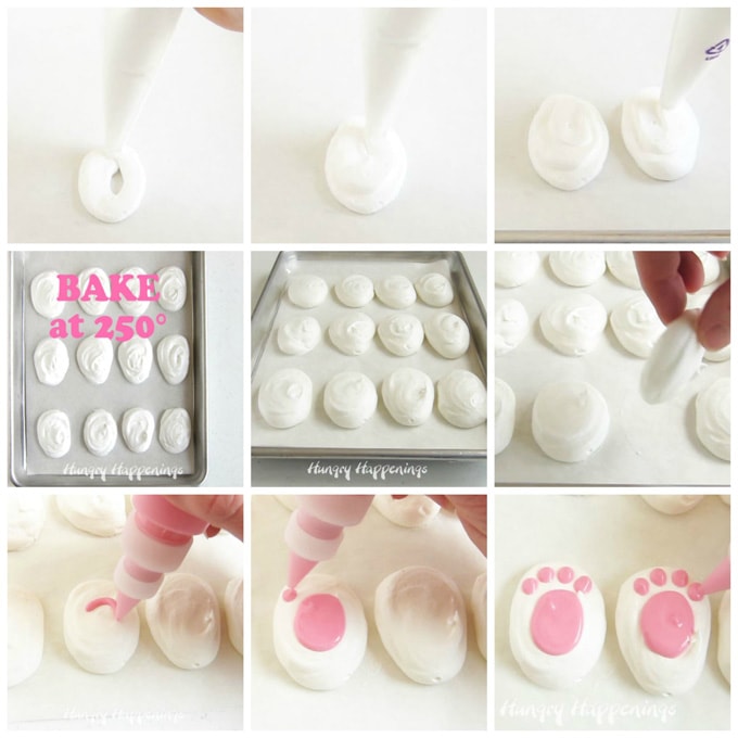 collage of images showing how to pipe meringues into ovals, bake and dry them in a 250 degree oven, then decorate them with pink candy melts to look like bunny feet