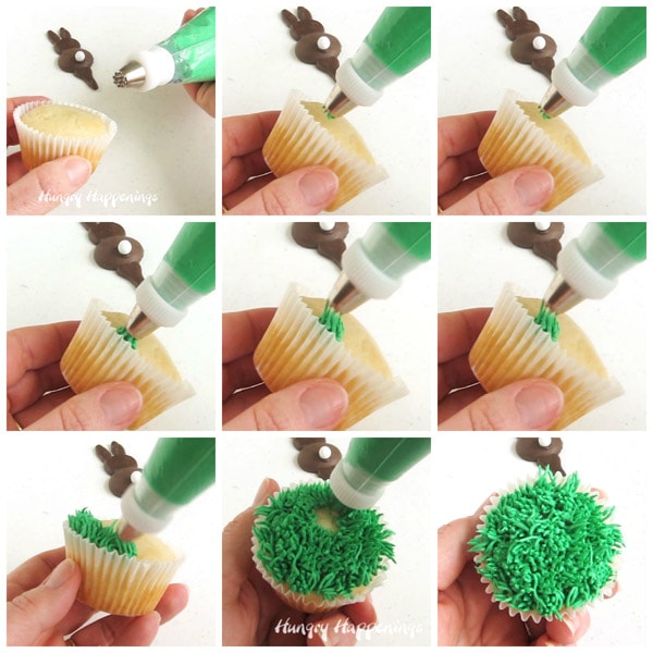 piping grass onto a cupcake using a mulit-hole grass tip