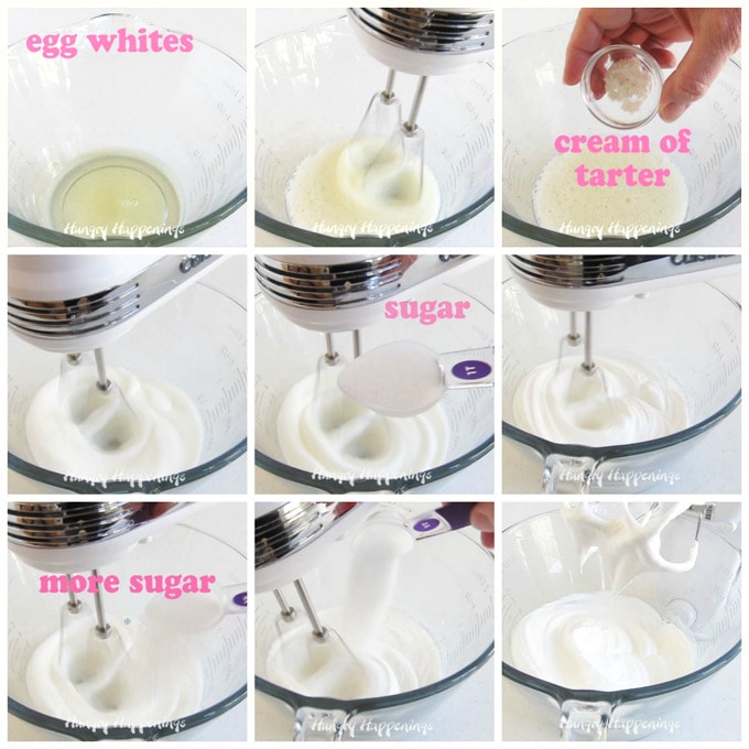 collage of images showing how to whip egg whites, corn starch, and sugar to make perfect meringues