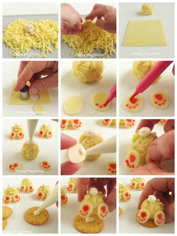 collage of images showing how to make mini cheese ball bunnies with white cheddar feet and fluffy cream cheese tails