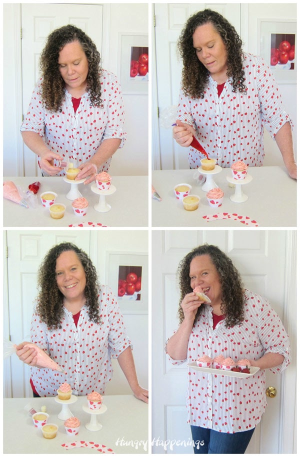 collage of Beth Klosterboer, blogger at HungryHappenings.com, making strawberry cupcakes