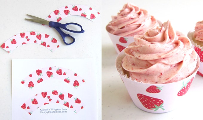 collage of images showing a printable strawberry cupcake wrapper with some cut out and some wrapped around strawberry cupcakes