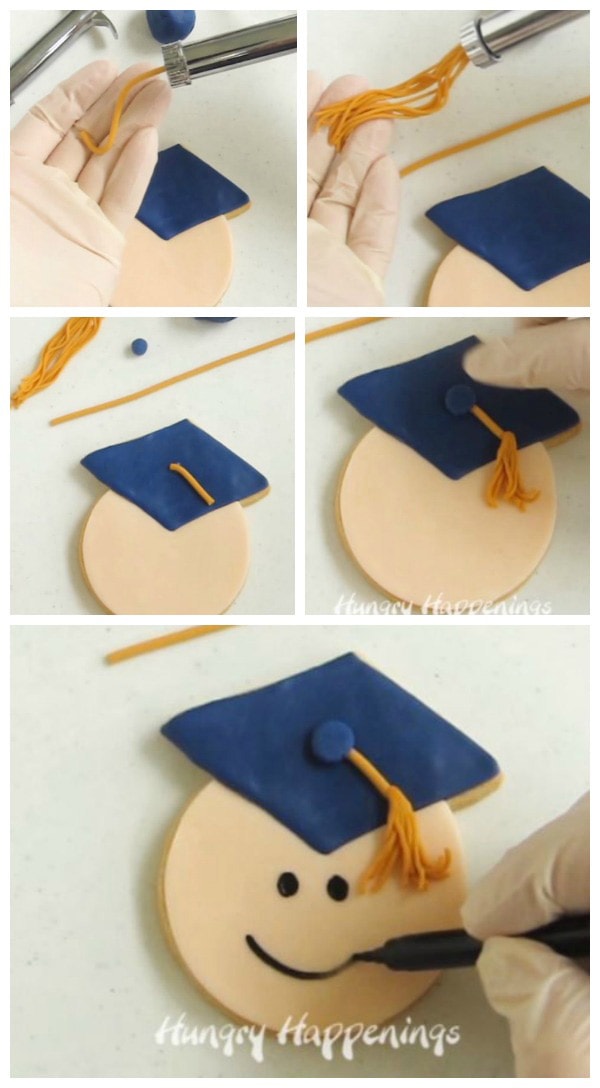 collage of images showing how to press modeling chocolate through a clay extruder to create the two parts of a grad cap tassel then attach them to a graduate cookie using corn syrup