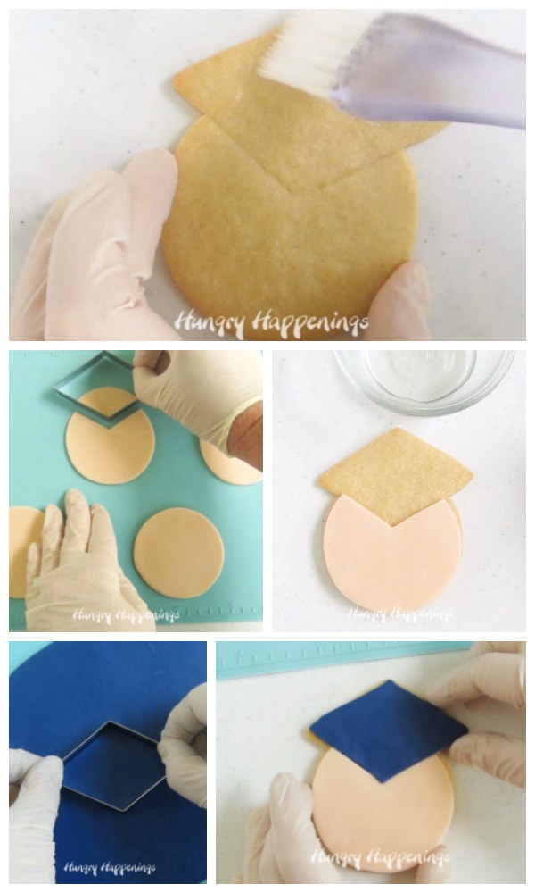 collage of images showing how to brush corn syrups on a graduate cookie with a circle of skin toned modeling chocolate and a blue grad cap