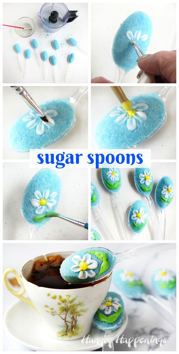Use royal icing to paint a daisy onto your sugar spoons. Start by painting on the white petals then add a yellow dot in the center and some green leaves. Once the sugar spoons harden you can dip them in your cup of tea. 