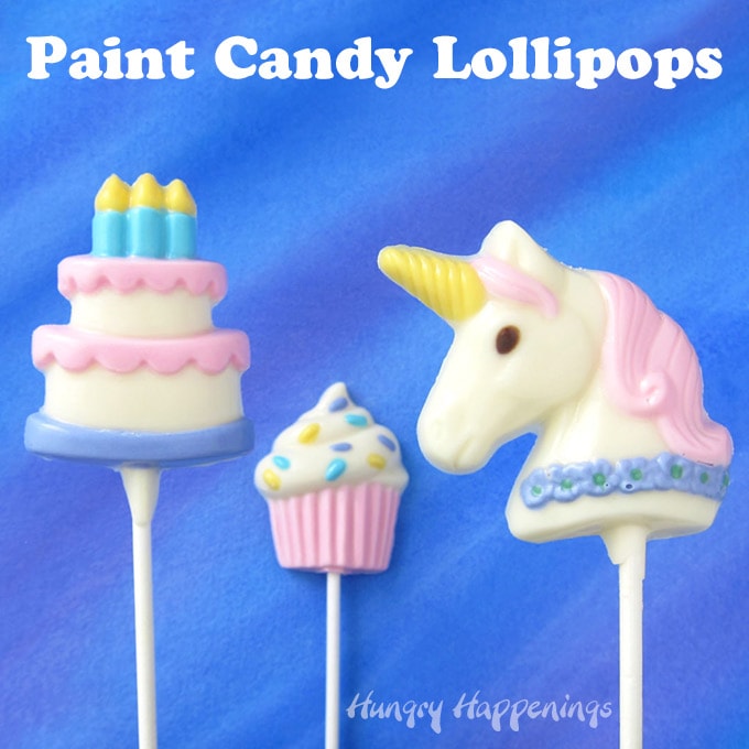 Three hand painted candy lollipops: birthday cake, cupcake, and unicorn candy lollipops