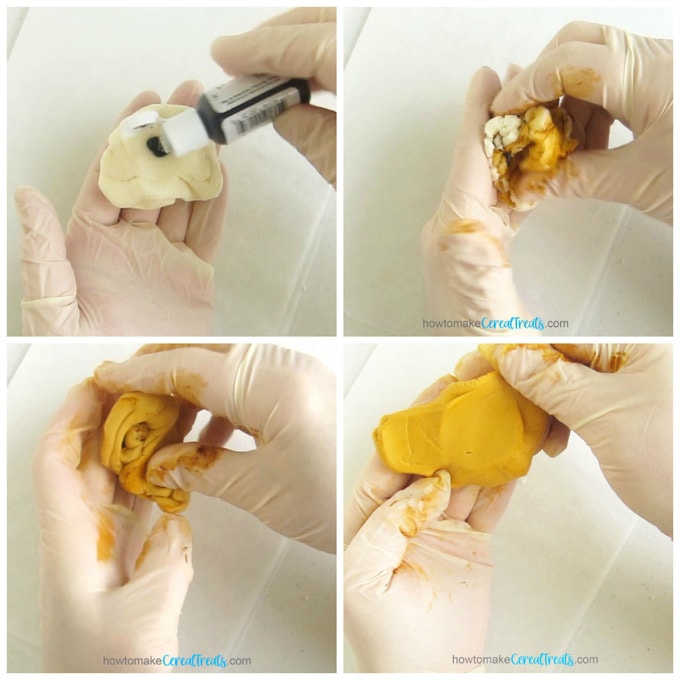 collage of images showing how to color white modeling chocolate using gold gel color