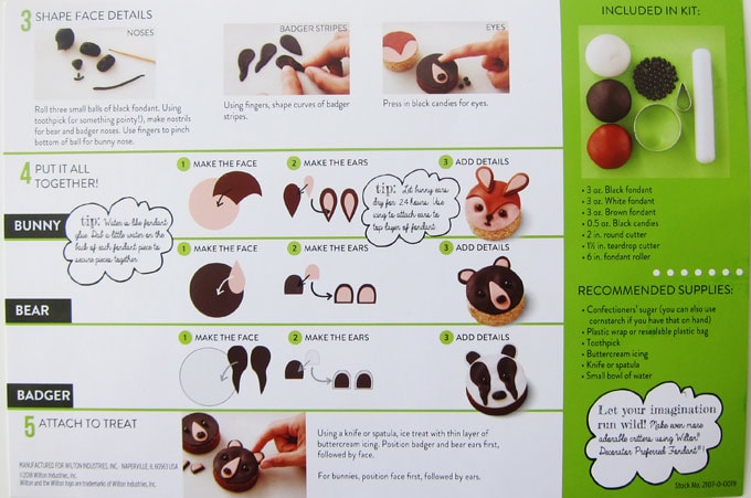 Wilton DIY-Lish Cute Critters project card showing how to assemble the fondant bear, bunny, and badger decorations