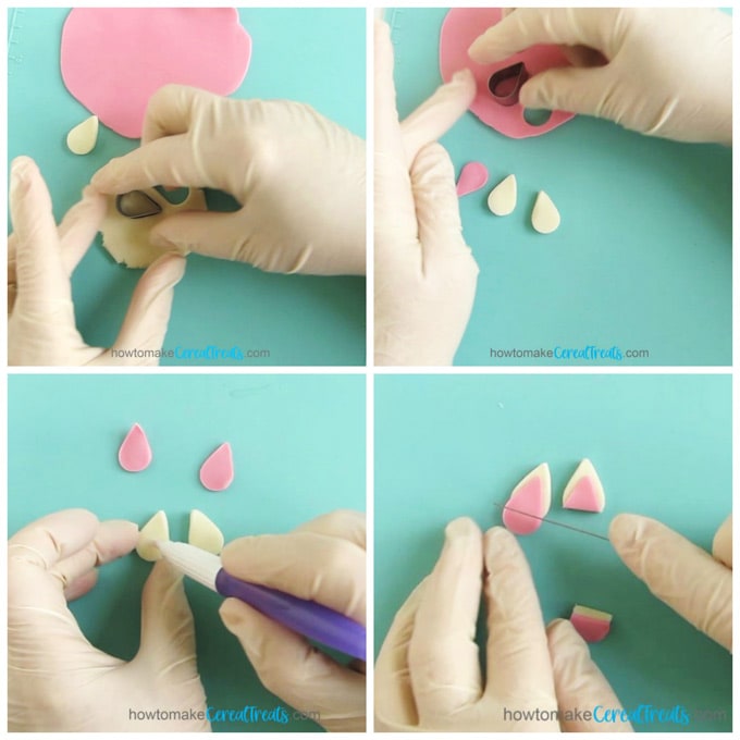 collage of images showing how to cut and create pink and white unicorn ears using modeling chocolate or fondant