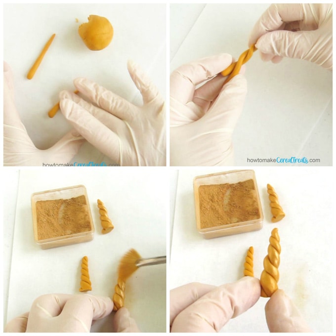Collage of images showing how to twist two ropes of gold modeling chocolate together to create a unicorn horn then brush it with gold luster dust