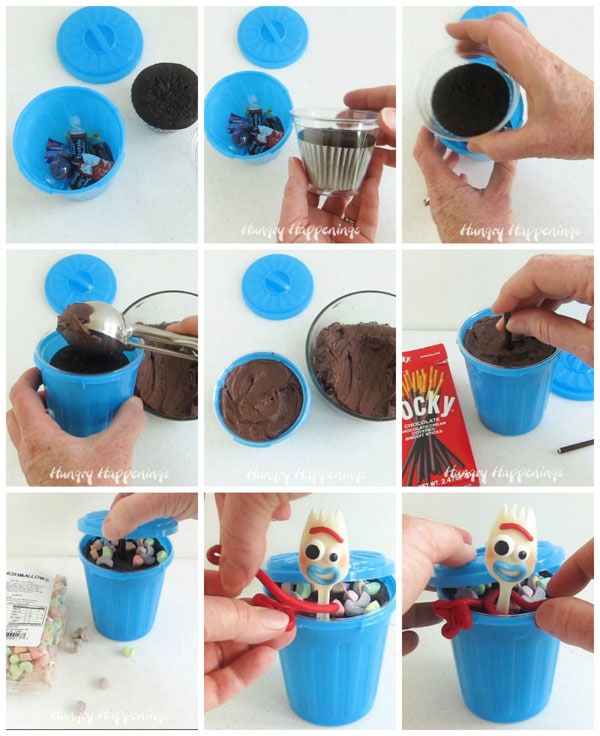 Step-by-step instructions showing you how to create Forky Cupcakes by filling a plastic garbage can with candy then topping that with a jumbo cupcake, frosting it, adding candy "trash" then adding a white chocolate Forky and his red candy clay arms. 