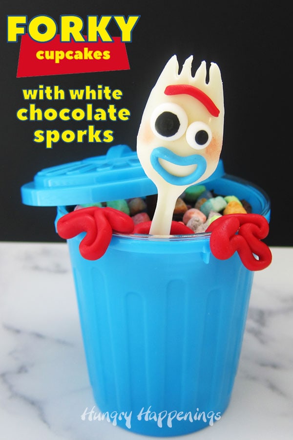 White chocolate sporks decorate these cute Forky Cupcakes which are served in a trash can. 