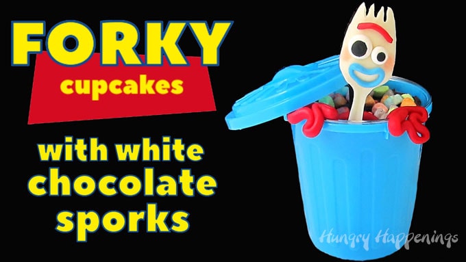 Forky Cupcakes on a black background with text overlay "Forky Cupcakes with white chocolate sporks"