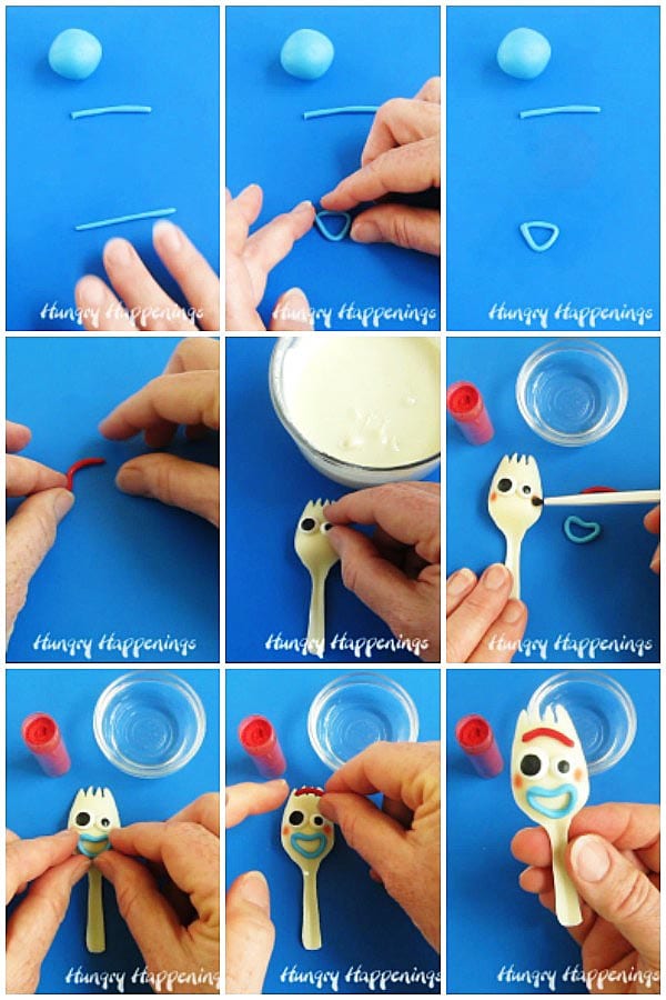 Step-by-step instructions for decorating a white chocolate Forky using candy clay (modeling chocolate)