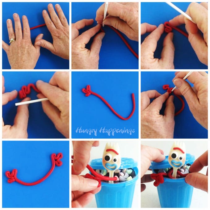 Step-by-step instructions for making Forky's arms out of red modeling chocolate, or candy clay or fondant. 