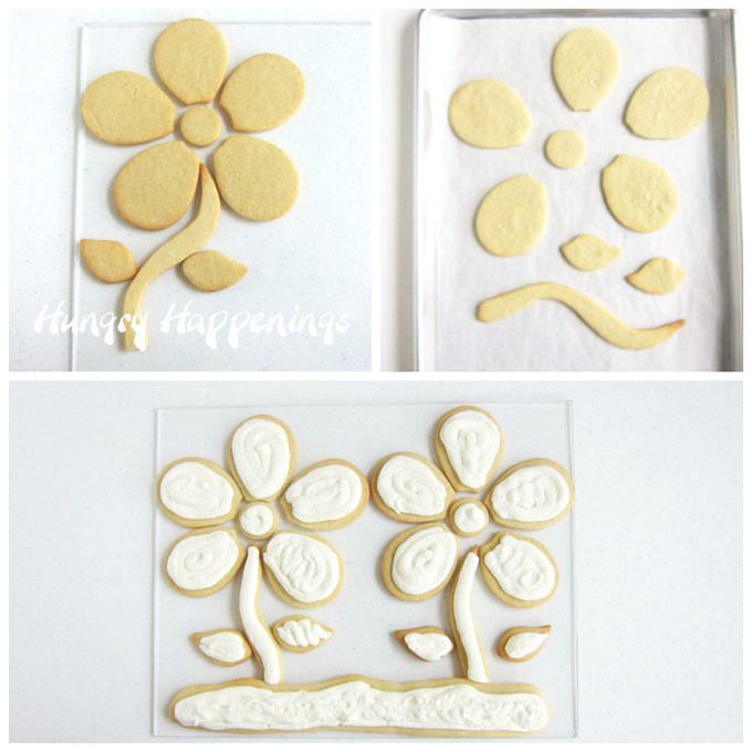 Add a layer of cheesecake filling to the flower shaped cookie pieces. 