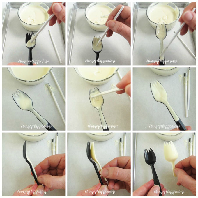 Collage of images showing how to make white chocolate Forky sporks.