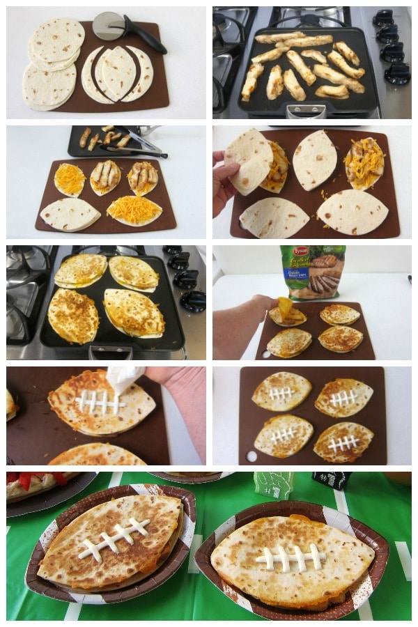 Make chicken and cheese quesadilla footballs using grilled chicken strips and cheddar cheese on football shaped tortillas. Add sour cream laces to make the fried tortillas look like footballs. 