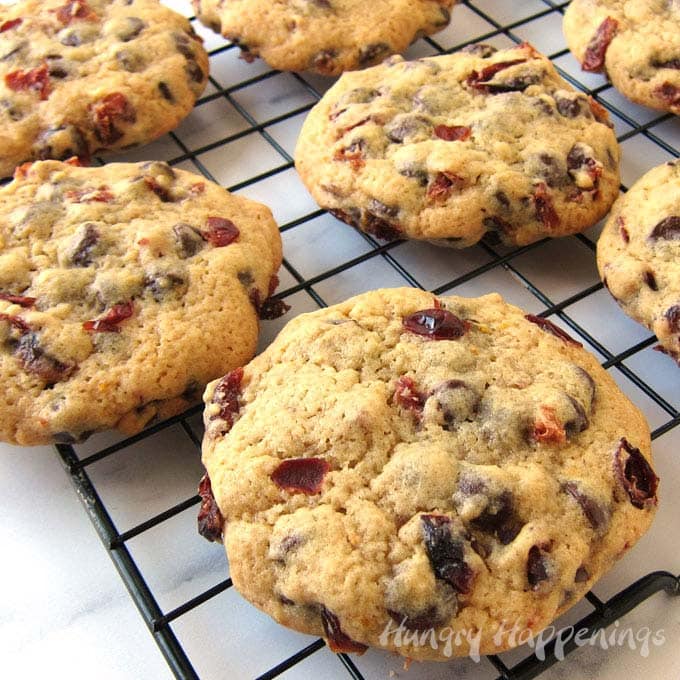 Chocolate chip cookies loaded with orange juice soaked dried cranberries and a bit of orange zest.