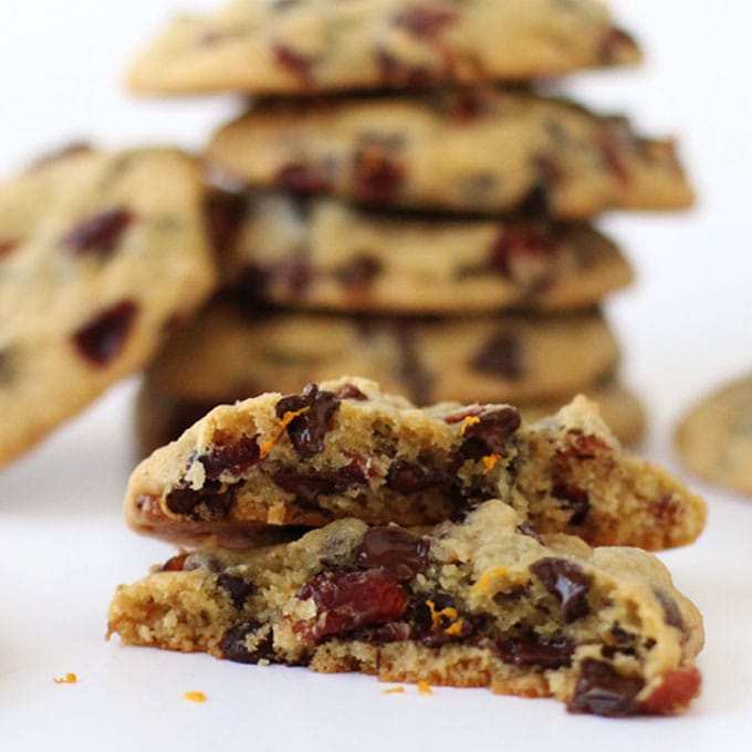 Chocolate chip cookies loaded with orange juice soaked dried cranberries and orange zest are soft and chewy and oh, so good! 