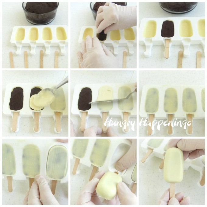 Fill the white chocolate shell with chocolate cake blended with frosting (cake ball filing) then add a thin layer of white chocolate over top to make your cakesicles.