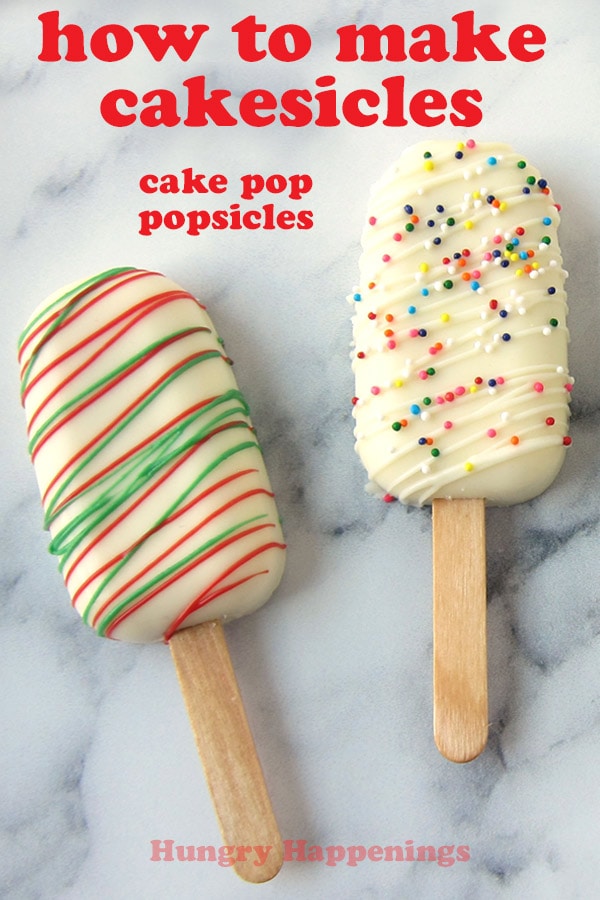 White chocolate cakesicle drizzled with red and green candy melts and white cakesicle decorated with rainbow sprinkles.