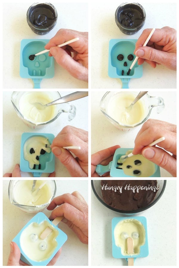 Step-by-step guide to hand painting Cakesicle Skulls using black and white candy melts.