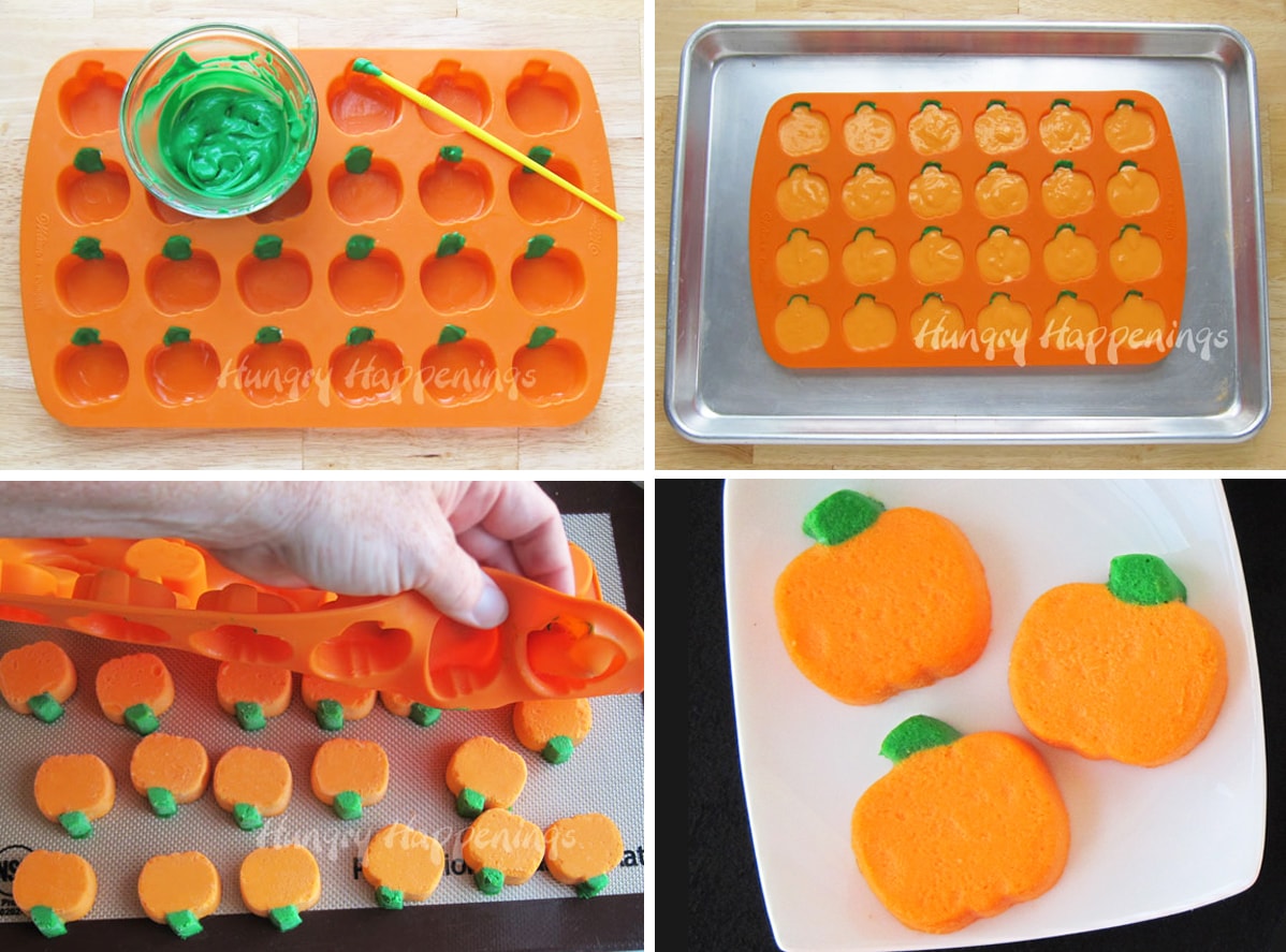 making mini cheesecake pumpkins in a silicone mold by painting in colored cheesecake filling.