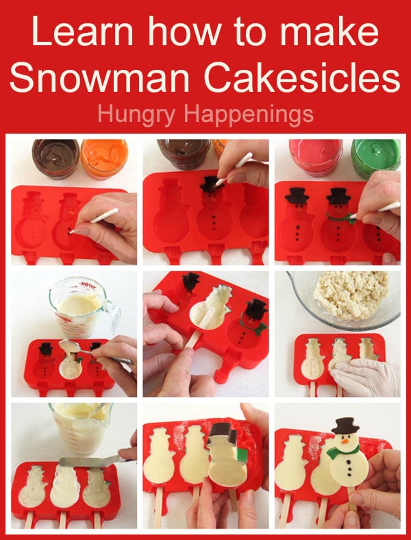 Step-by-step instructions for painting  Snowman Cakesicles using candy melts. Paint the details, fill it with cake, cover it with white chocolate. 