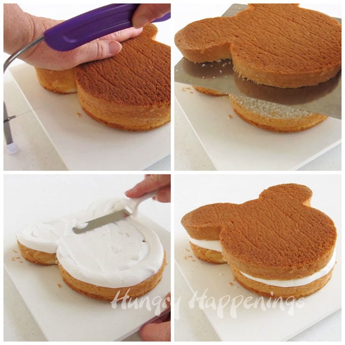 Level your Mickey Mouse cake then add a thick layer of frosting in between the two cake layers.