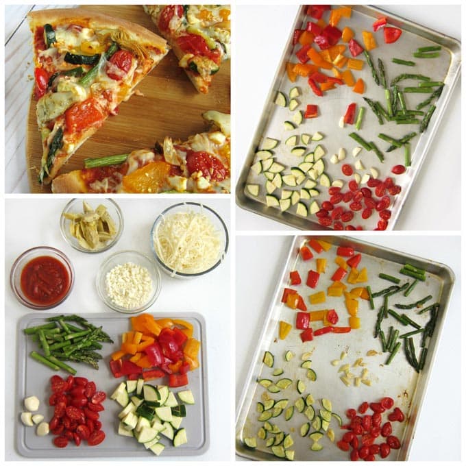 Roast asparagus, zucchini, tomatoes, and peppers, then use them to top a homemade pizza crust, with marinara sauce, mozzarella and feta cheese. 