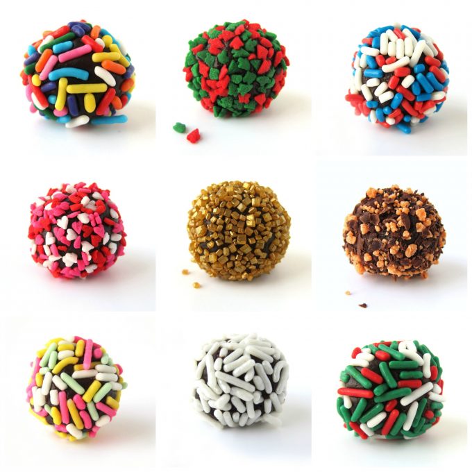 chocolate truffles rolled in sprinkles, chocolate, or sugar for holidays