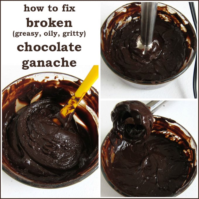 3 images showing how to fix broken chocolate ganache using an immersion blender