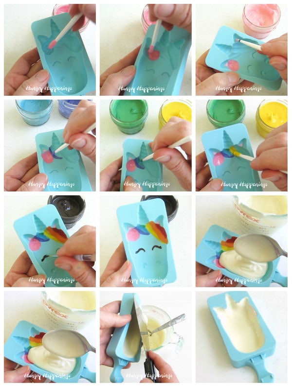 Step-by-step images showing how to hand-paint colored candy melts into a silicone unicorn popsicle mold to create Unicorn Cakesicles for a birthday party.
