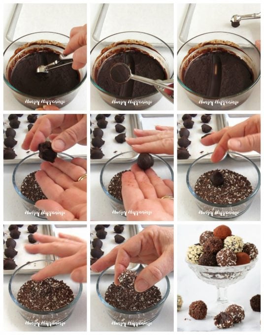 scoop and roll thick chocolate ganache to make truffles