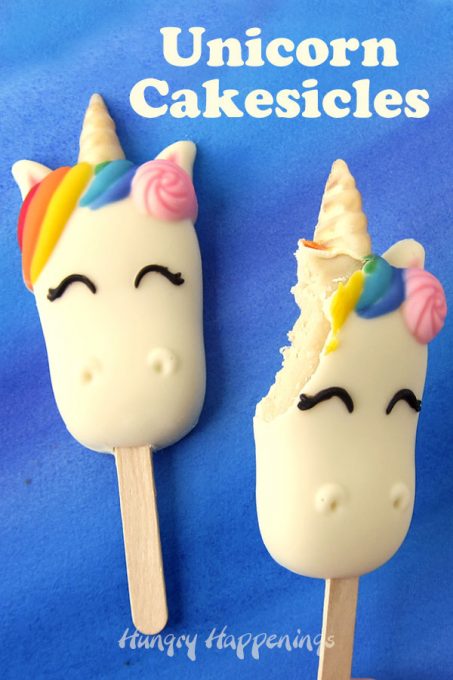 White chocolate unicorn cakesicles are hand-painted with bright colors and are filled with a blend of white cake and frosting. 