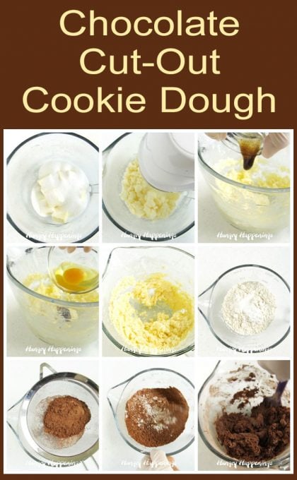 Chocolate cut-out cookie recipe image. Beat butter, sugar, vanilla, egg, with flour, cocoa powder, salt, and baking powder. 