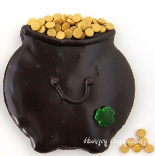 Chocolate Pot of Gold Cookies Glazed with Chocolate Ganache with Gold Quin Sprinkles (coins).