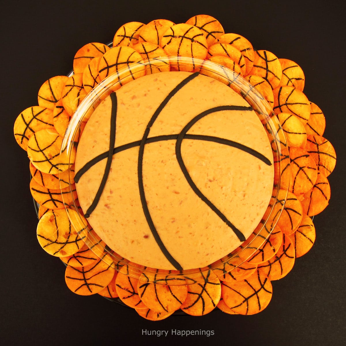 basketball bean dip and basketball tortilla chips.