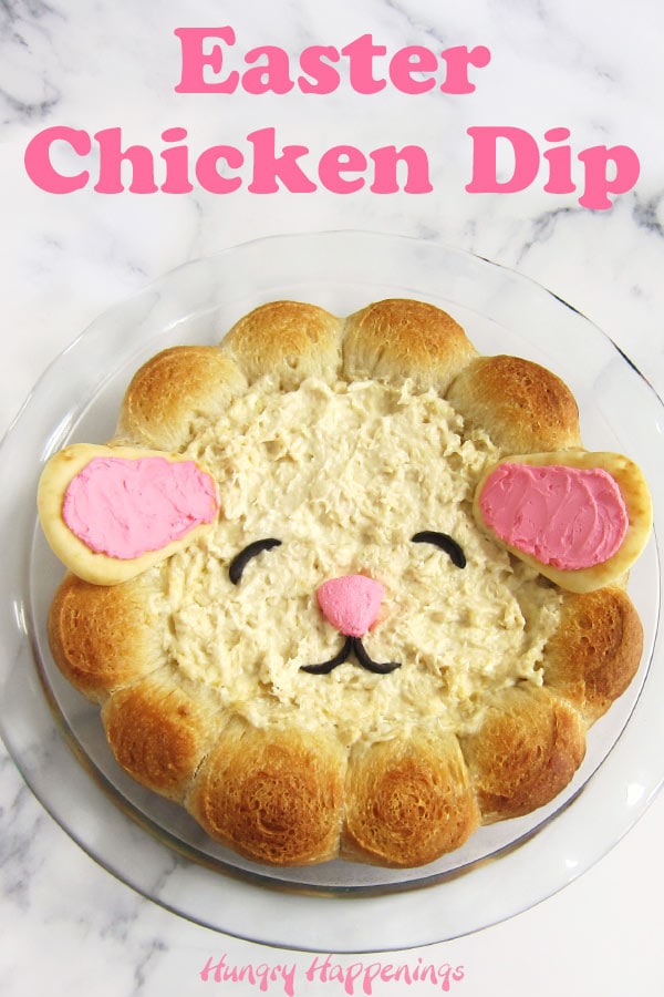 Arrange slices of Pillsbury French Bread or pizza crust around the outer edge of a pie plate then fill it with chicken dip and bake before decorating like an Easter lamb. 