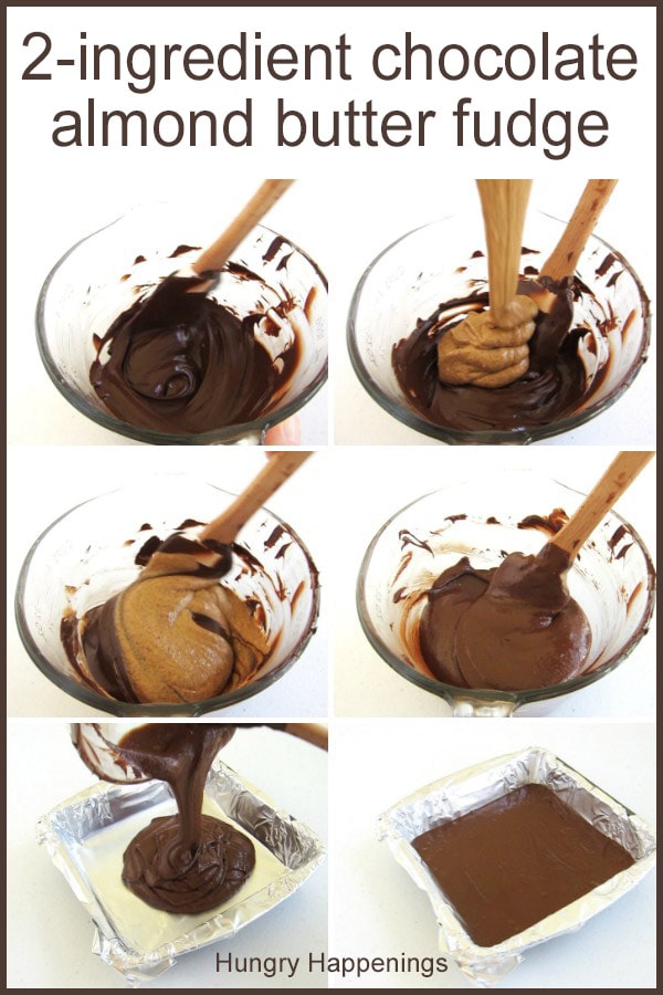 Step-by-step process for making chocolate almond butter fudge by blending almond butter into melted chocolate.